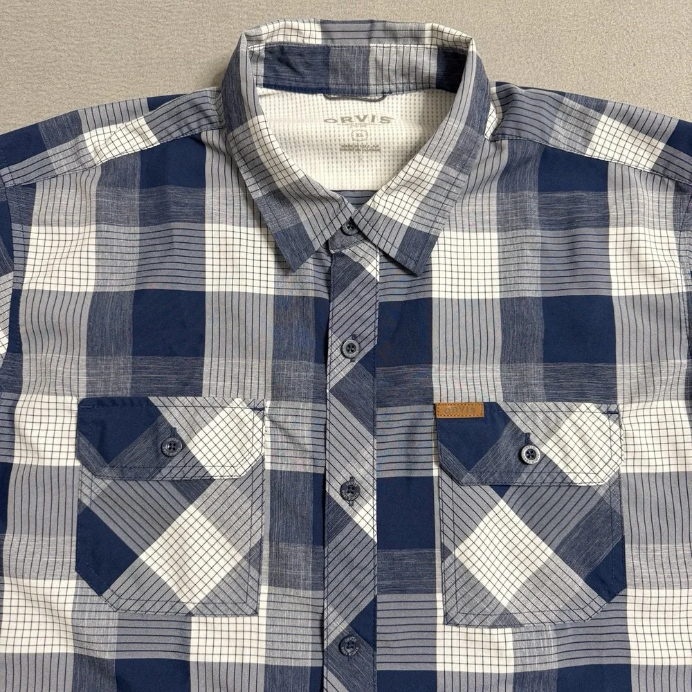 Orvis Shirt Mens XL Blue Plaid Classic Collection Button Up‎ Pockets Camp Fish
